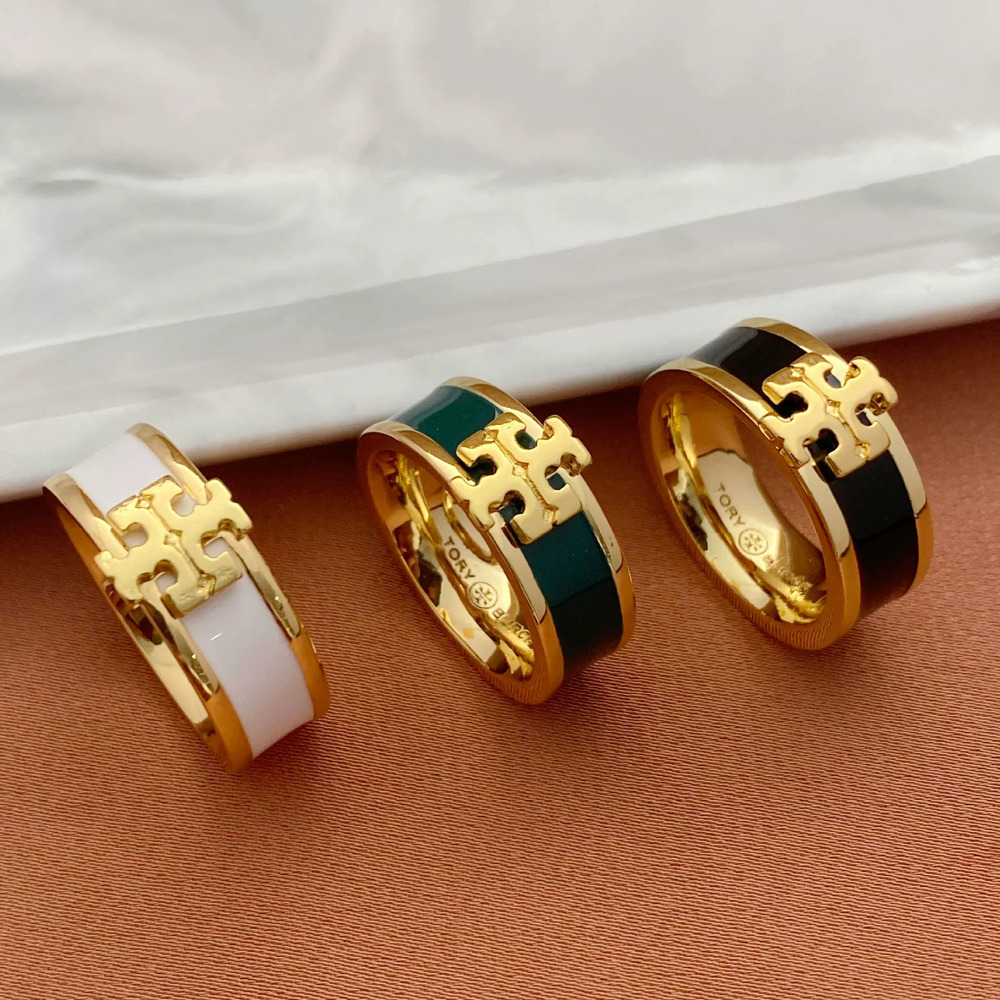 Tory Burch Enamel Inlaid Letter Geometric Round Metal Ring